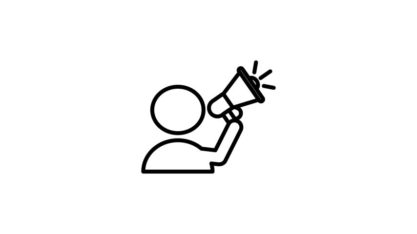 A minimalist animation of a person holding a megaphone, symbolizing communication and announcements.