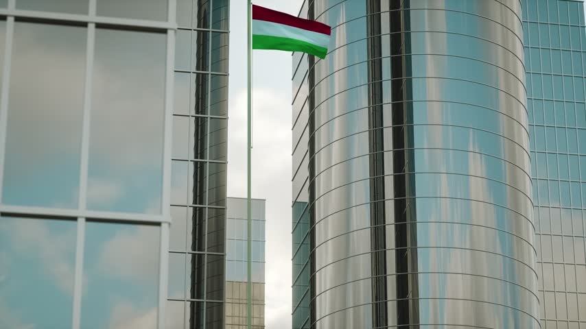 Hungary Flag on Pole, City Buildings