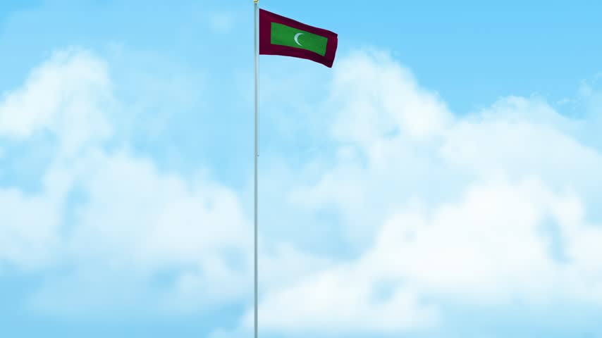 Maldives Flag Waving on Pole, Blue Sky