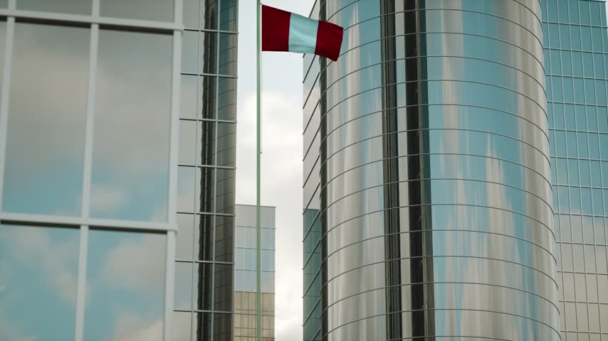 Peru Flag on Pole, City Buildings