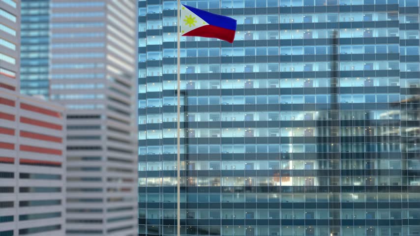 Philippines Flag Waving Against Glass Office Building - Daylight Scene