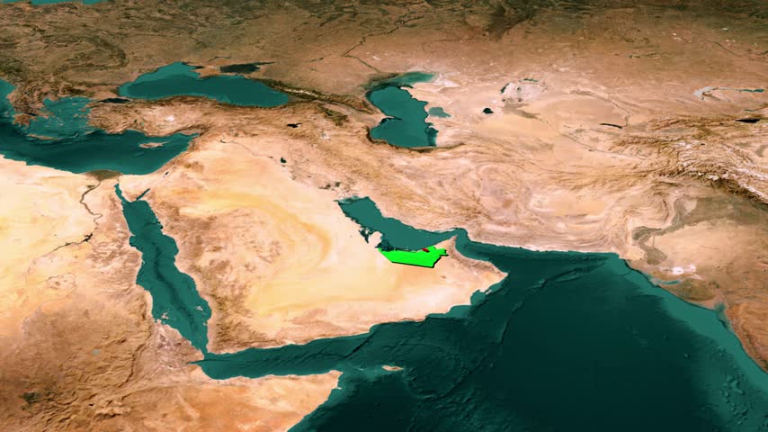 Abu Dhabi capital city marker on green UAE emirate 3D satellite map, red highlighted urban area on Persian Gulf coast with islands and desert terrain