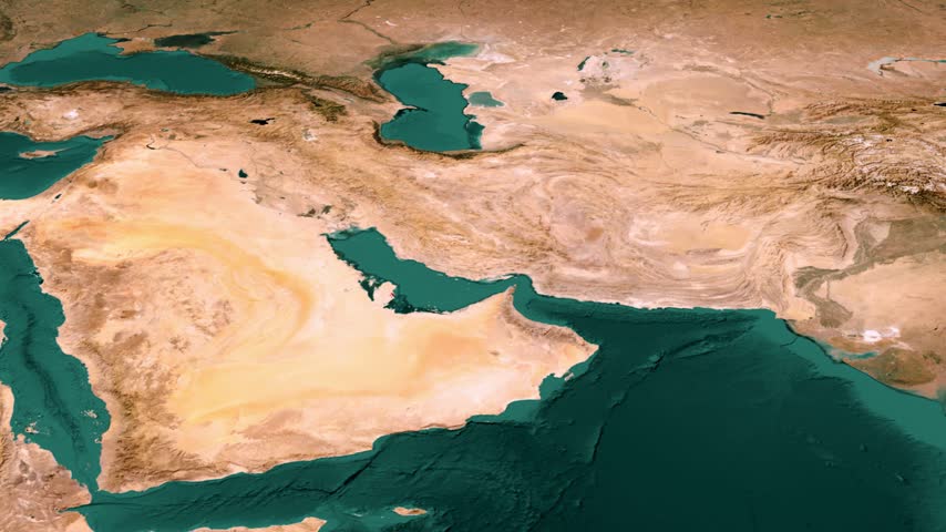 Doha Qatar aerial 3D satellite close-up with red highlighted city districts and label, Persian Gulf coastline, port and desert urban landscape animation.