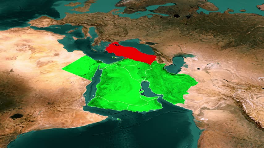 Turkey highlighted in red on 3D satellite terrain map with country label, Anatolia between Mediterranean, Black Sea and Middle East, geography animation