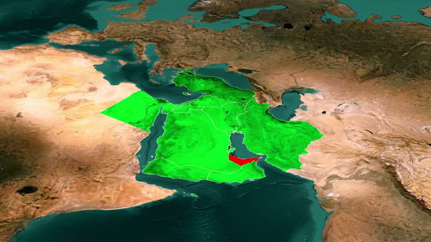 United Arab Emirates highlighted in red on green 3D satellite map, Persian Gulf coastline, Abu Dhabi and Dubai region, UAE country border animation