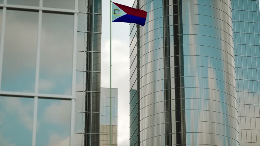 Saint Martin Flag on Pole, City Buildings