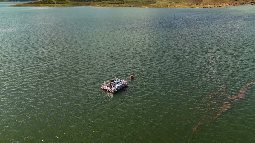 High Angle Aerial View of Floating Dock Platform on Lake