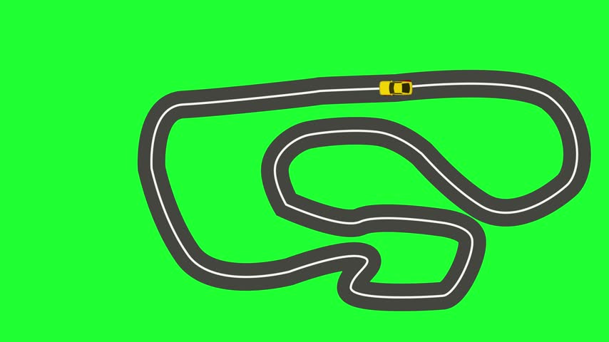 Top view animation of two cars racing on a winding track with green screen background.