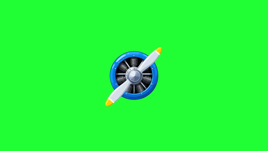 Cartoon airplane radial engine with spinning propeller loop on green screen.