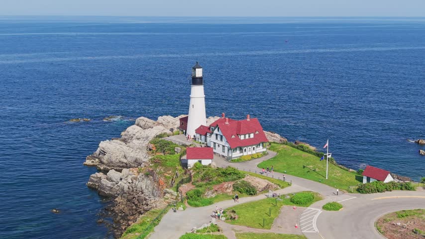 Aerial view of Portland Head Lighthouse and keeper