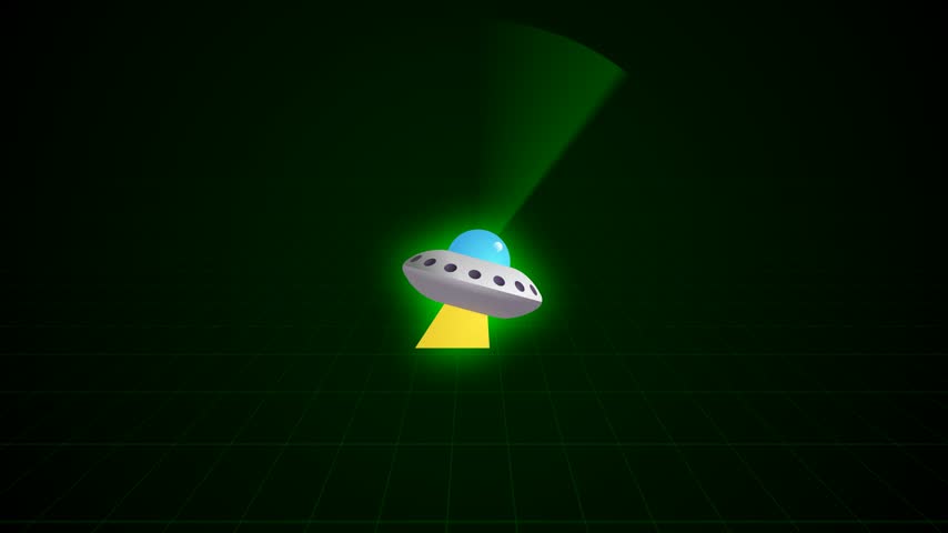 A cartoon-style flying saucer UFO descends from the darkness emitting a bright yellow light beam.