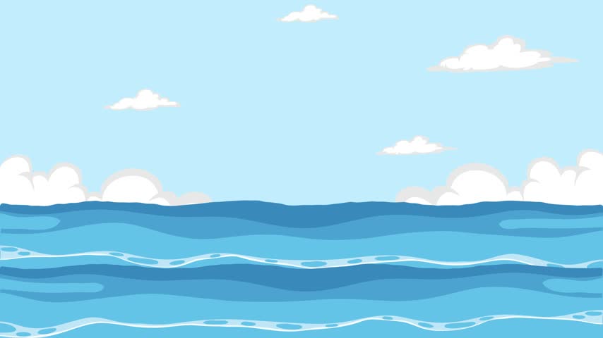 Animated humpback whales jumping out of blue ocean water against sky background for world whale day celebration concept. Motion graphic footage with text design in 2d cartoon style.