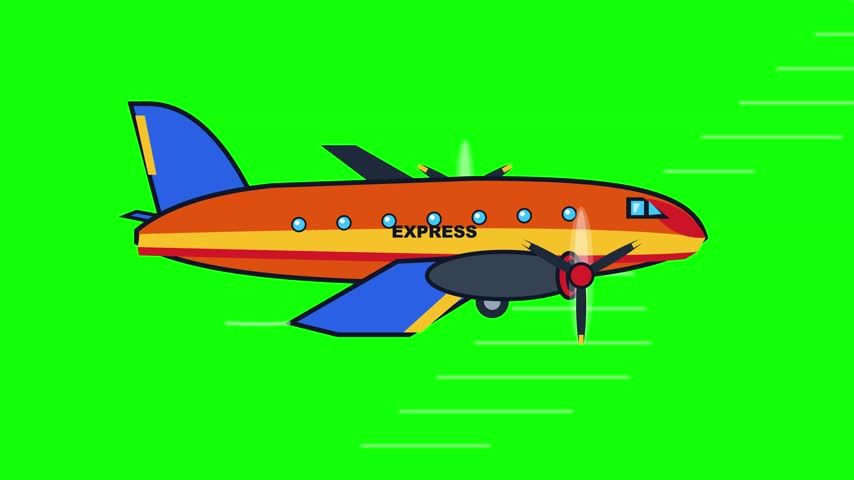 Animated cargo airplane flying on green screen chroma key background