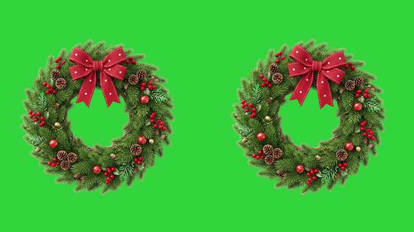 A festive 3D render featuring two beautifully decorated Christmas wreaths. Each wreath is adorned with red bows, pinecones, berries, and baubles, presented on a vibrant green screen for easy integration into holiday projects.