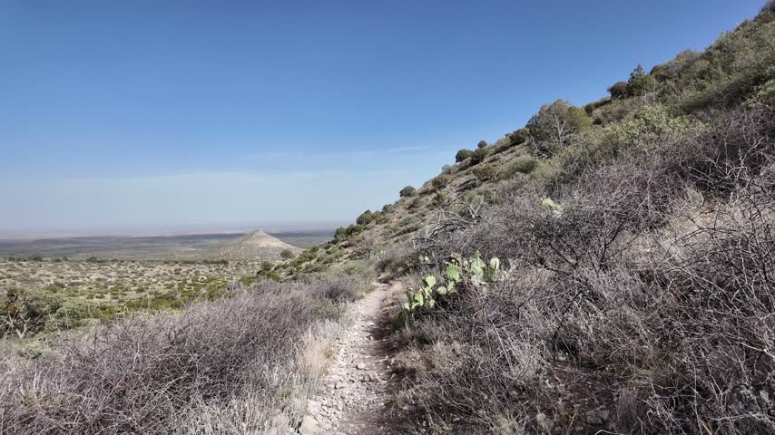 A rocky hiking trail winds along a dry hillside covered in sagebrush and prickly pear cactus, overlooking a vast flat desert valley with a distant cone-shaped hill under a clear blue sky.