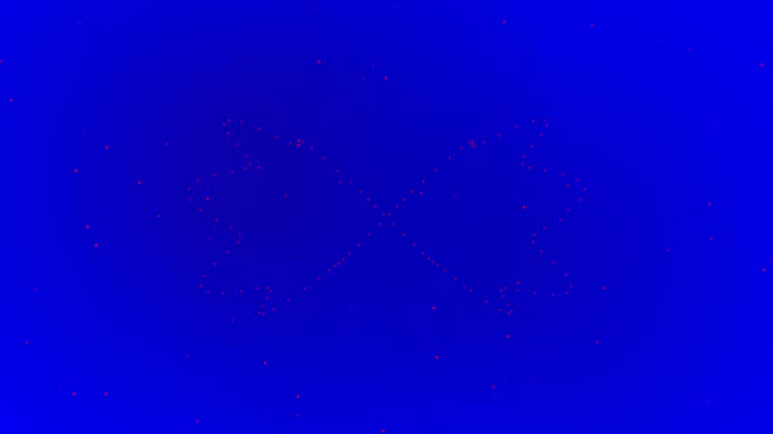 A digital art representation of an infinity loop created with small red dots against a solid blue gradient background.