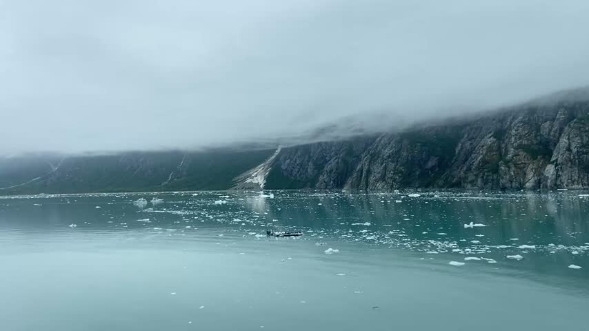 Serene glacial scene with floating ice and misty mountain views,Serene glacier floating with ocean views