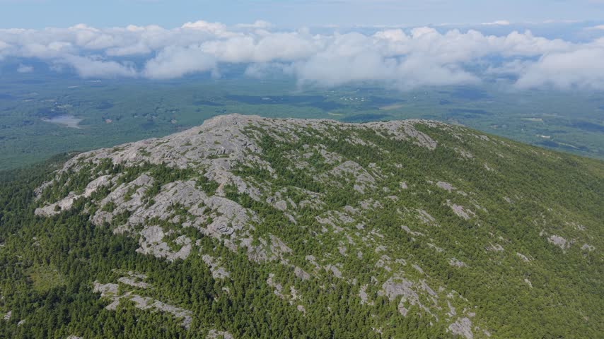 Summit of Mount Monadnock in New Hampshire. Aerial forward