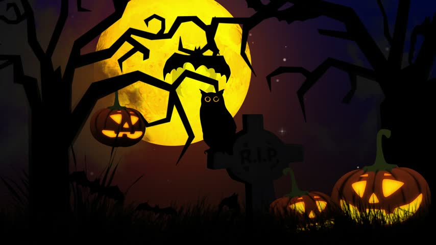 Spooky halloween night with glowing pumpkins and dark creepy trees