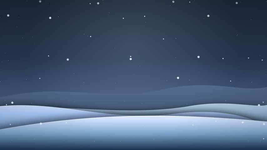 Stylized winter landscape with falling snow over blue hills