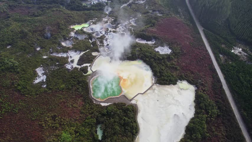Aerial Exploration of Volcanic Landscapes and Gas Vents in Rotorua, New Zealand