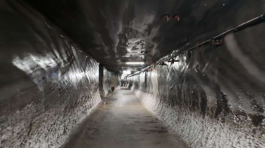 First person view walking through long tunnel in underground salt mine showing textured rock walls and dim overhead lighting.