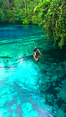 Aerial view of a young woman and a young man in a wooden canoe on clear blue water with submerged logs near a forest, Paisupok Lake, Banggai, Sulawesi, Indonesia.