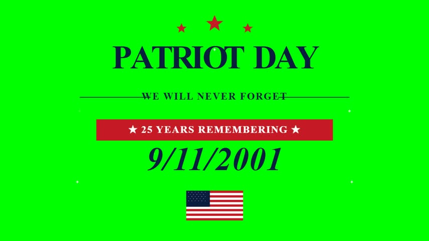 Patriotic memorial animation displays commemorative typography highlighting national symbols upon vibrant green backdrop. Crimson stars plus small flag rest centrally among bold dark lettering celebrating historical anniversary. Clean digital motion composition creates solemn remembrance atmosphere suitable for professional television broadcast editing production projects honoring civic heritage.