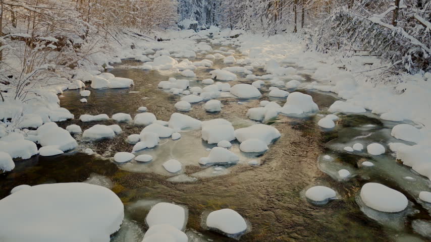 Beautiful Winter Mountain River Covered with Ice and Snow