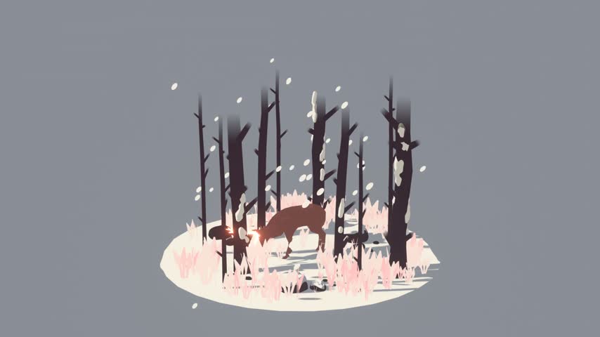 Minimalist 3D illustration of a glowing stag standing in a snowy forest surrounded by bare trees, pink grass, and falling snow on a plain grey background.