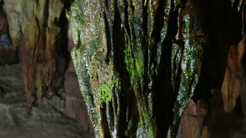 Water droplets flow down a textured cave stalactite covered in green moss and mineral deposits. Static close-up shot captures the natural underground formation with visible moisture and geological.