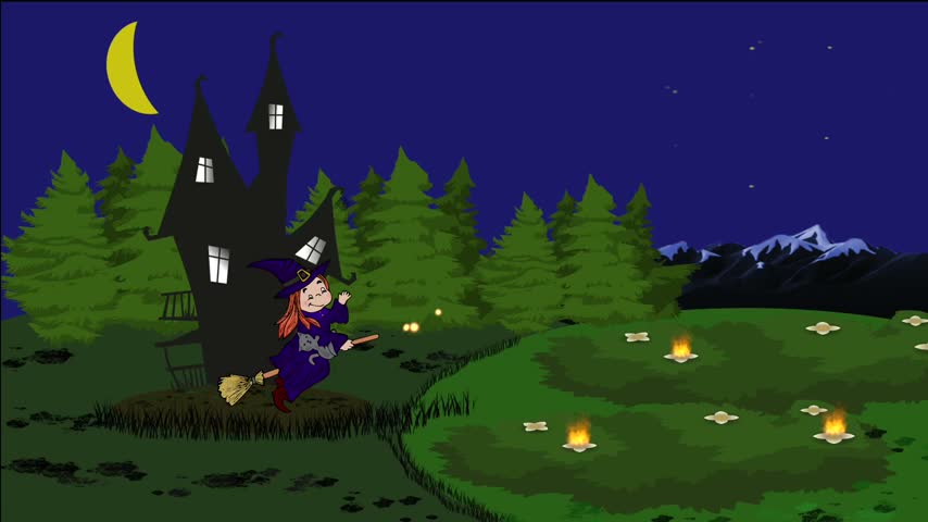 Witch flying broomstick at night with shooting stars in spooky forest setting