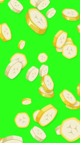 Stylized banana slices fall vertically through the frame against a bright green screen background.