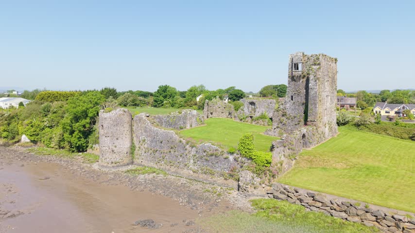 Drone View of Grannagh Castle, County Kilkenny, Ireland. Remains of Norman Style Medieval Landmark on Sunny Summer Day