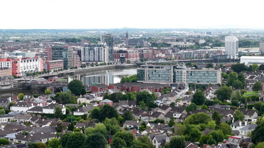 Limerick panoramic cityscape with waterfront buildings and Shannon River. Ireland