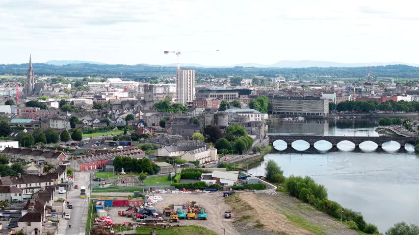 Limerick drone cityscape with city landmarks and Shannon River. Ireland urban landscape