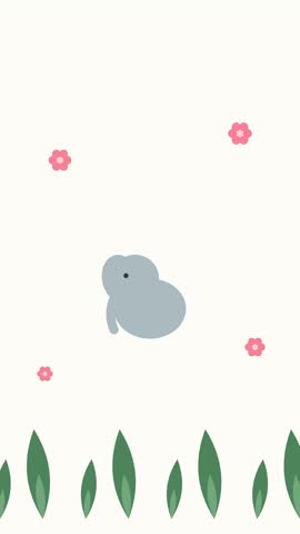 Charming animation of a grey rabbit jumping over green leaves and pink flowers.