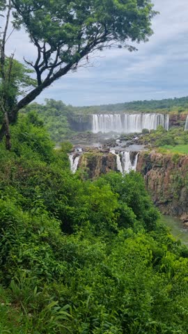 Vertical view of the iconic Iguazu Falls from the Brazilian side toward Argentina, surrounded by lush green rainforest and powerful cascading water in a spectacular natural setting
