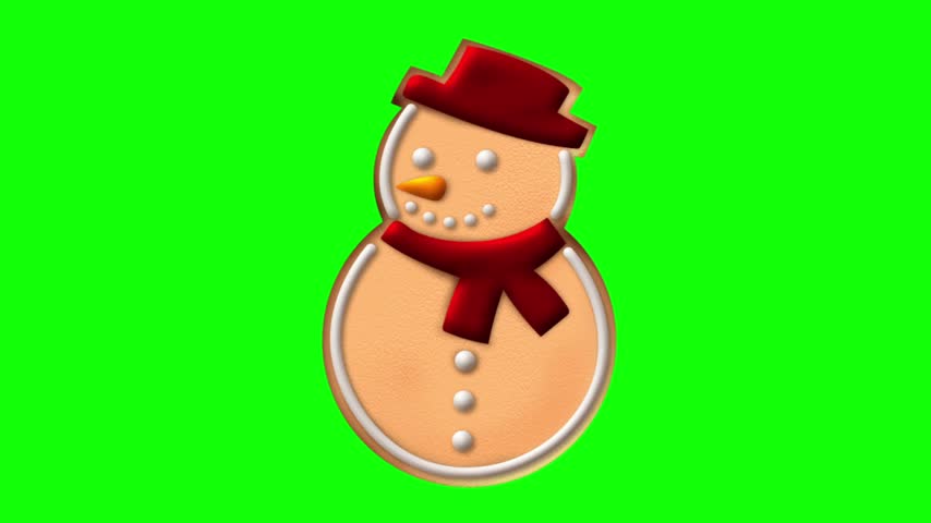 Realistic 3D animated snowman gingerbread cookie with red hat and scarf on chroma key green screen background for Christmas video overlay