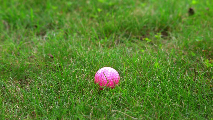 A hand places a golf ball on the golf course. Slow motion.