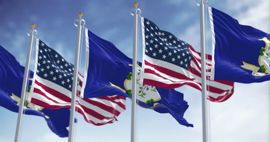 Connecticut state flags waving with national american flags on a clear day. Seamless 3d render animation. Slow motion loop. Selective focus