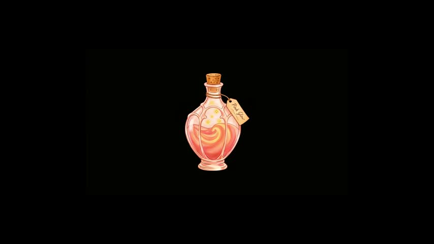 Whimsical love potion bottle illustration with swirling liquid on a dark backdrop. Useful for fantasy games, apps, and romance graphics.