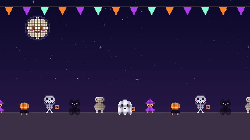 Trick or treat costume parade of ghost, witch, pumpkin kid, skeleton, black cat and mummy marching by, 4K seamless loop