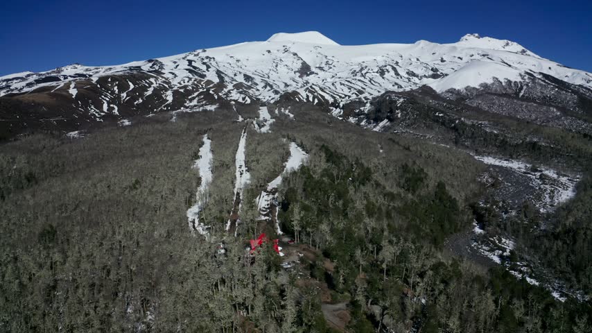 Aerial view of snowy mountains and forest in southern Chile