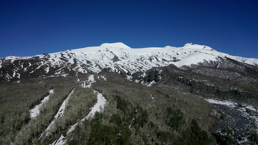 Aerial view of snowy mountains and forest in southern Chile