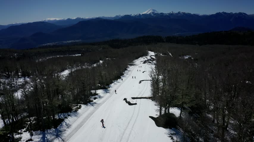 Aerial view of snowy mountains and forest in southern Chile