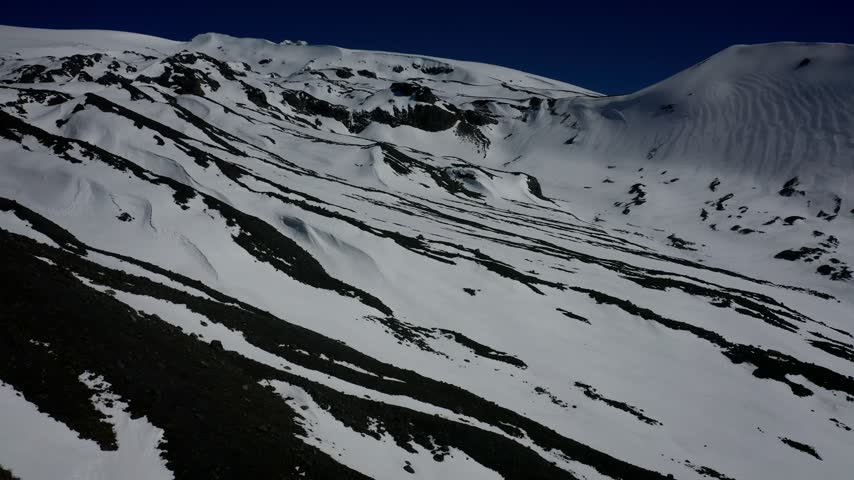 Aerial view of snowy mountains and forest in southern Chile