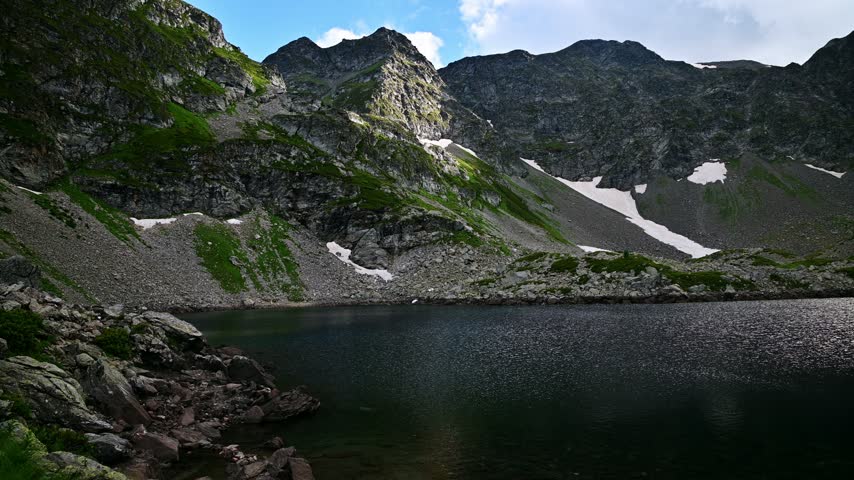 An alpine lake and surrounding rocky mountain peaks with snow patches under an overcast sky. The camera pans horizontally from left to right across the landscape with rippling water.