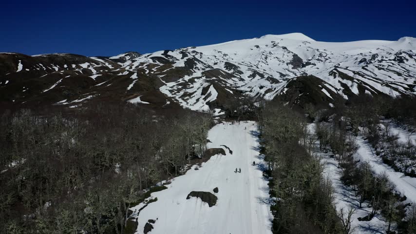 Aerial view of snowy mountains and forest in southern Chile