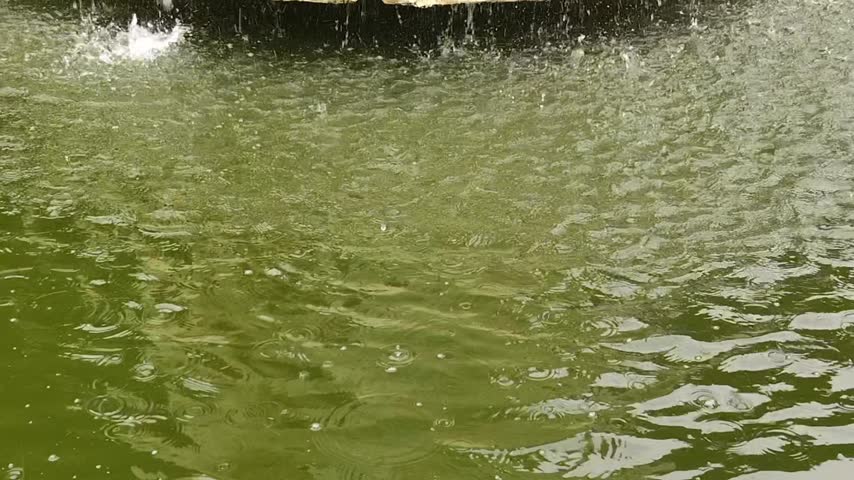 Close-up of water splashing and ripples forming on a green fountain pool surface.